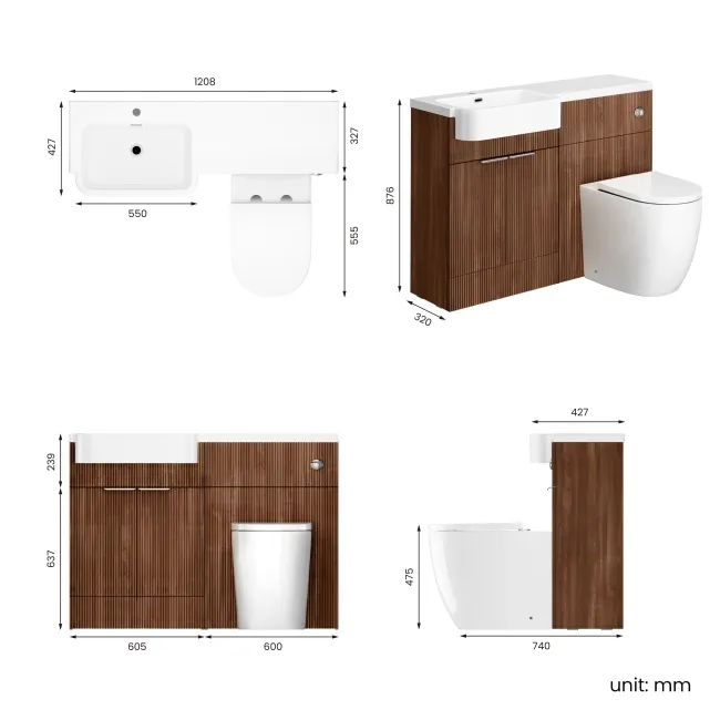 Sicily Fluted Black Walnut Combination Vanity Basin and Utah Comfort Height Toilet 1200mm - Chrome Handles - Left Handed