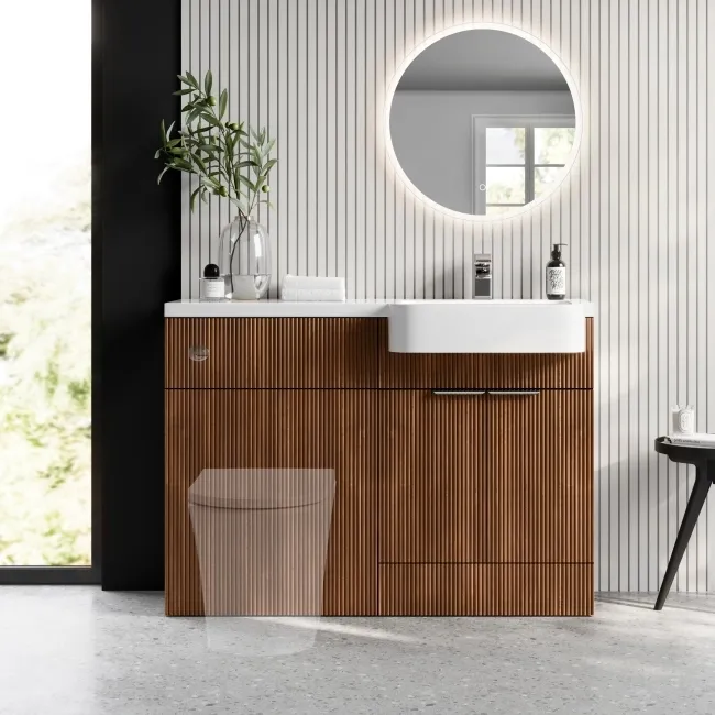 Sicily Fluted Black Walnut Basin Vanity and Back To Wall Toilet Unit 1200mm (Excludes Toilet) - Chrome Handles - Right Handed