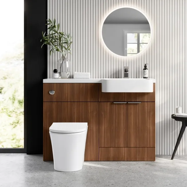 Sicily Fluted Black Walnut Combination Vanity Basin and Tucson Toilet 1200mm - Chrome Handles - Right Handed