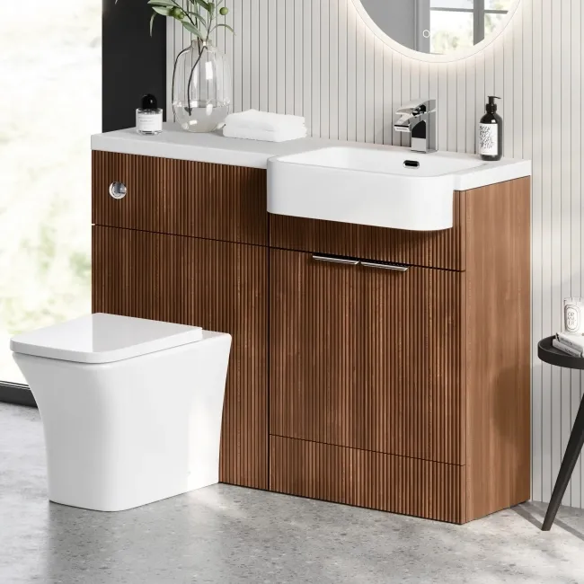 Sicily Fluted Black Walnut Combination Vanity Basin and Houston Toilet 1200mm - Chrome Handles - Right Handed
