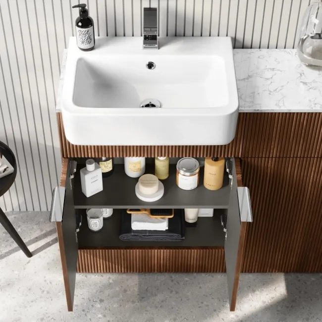 Sicily Fluted Black Walnut Combination Vanity Basin with Marble Top & Tucson Toilet 1200mm - Chrome Handles