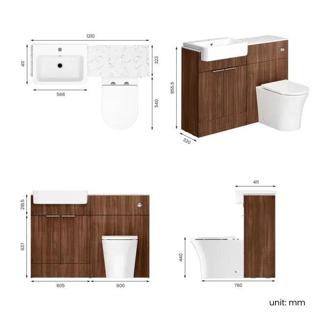 Sicily Fluted Black Walnut Combination Vanity Basin with Marble Top & Tucson Toilet 1200mm - Chrome Handles