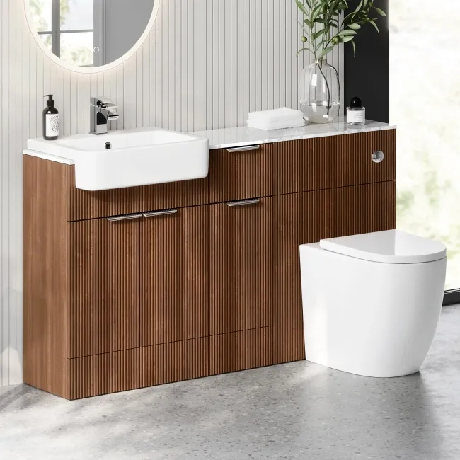 Sicily Fluted Black Walnut Combination Vanity Basin with Marble Top & Utah Comfort Height Toilet 1500mm - Chrome Handles
