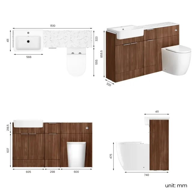 Sicily Fluted Black Walnut Combination Vanity Basin with Marble Top & Utah Comfort Height Toilet 1500mm - Chrome Handles