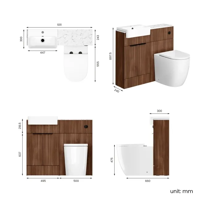 Sicily Fluted Black Walnut Combination Vanity Basin with Marble Top & Utah Comfort Height Toilet 1000mm - Black Accents