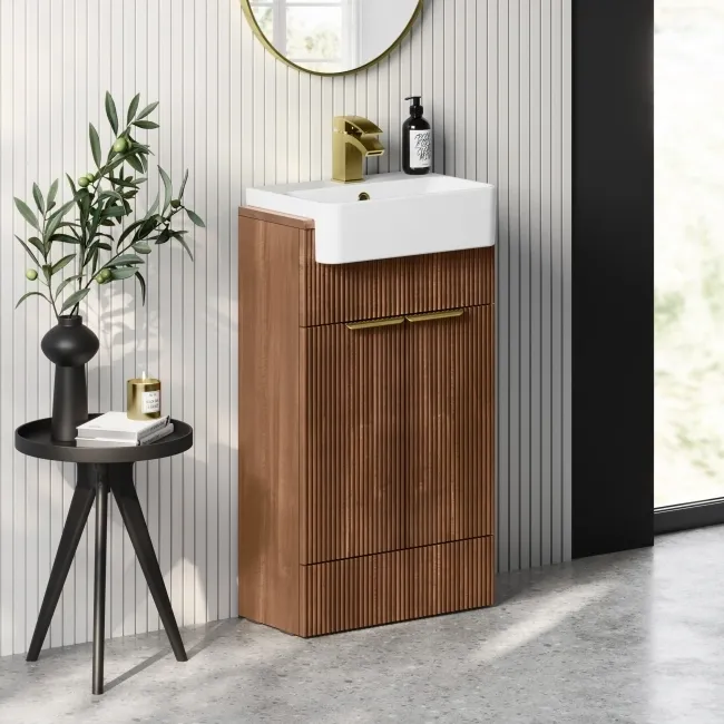 Sicily Fluted Black Walnut Vanity with Semi Recessed Basin 500mm - Brushed Brass Accents