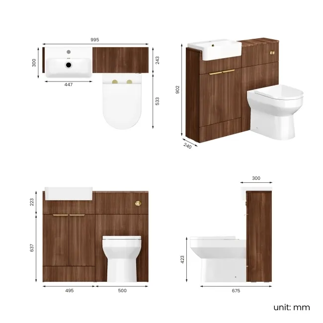 Sicily Fluted Black Walnut Combination Vanity Basin and Miami Toilet 1000mm - Brushed Brass Accents