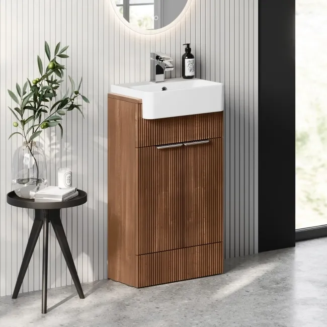 Sicily Fluted Black Walnut Vanity with Semi Recessed Basin 500mm - Chrome Handles
