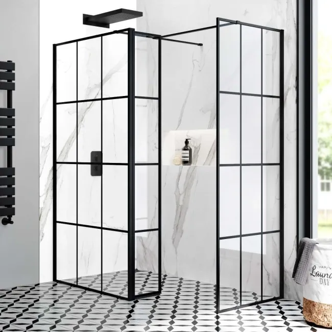 Munich Matt Black Grid 8mm Walk In Shower Enclosure 1000mm & 800mm Glass with Pivotal Return Panel