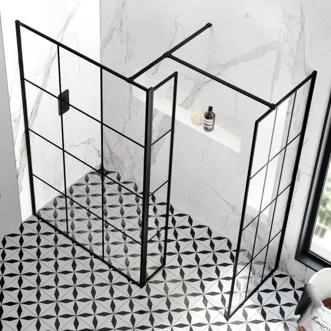 Munich Matt Black Grid 8mm Walk In Shower Enclosure 1200mm & 700mm Glass with Pivotal Return Panel