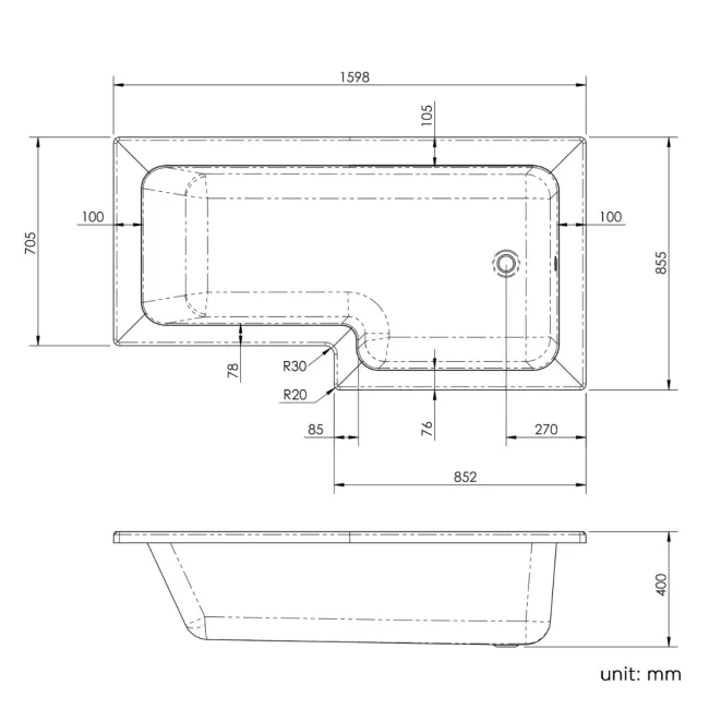 L Shaped 1600 Shower Bath with Front Panel & 4mm Fixed Screen with Rail - Right Handed