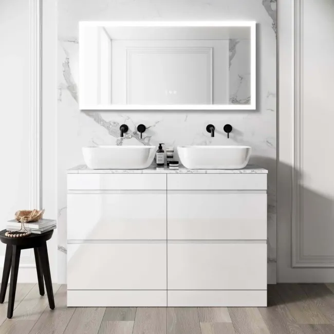 Trent Gloss White Double Vanity Drawer with Marble Top & Curved Counter Top Basin 1200mm