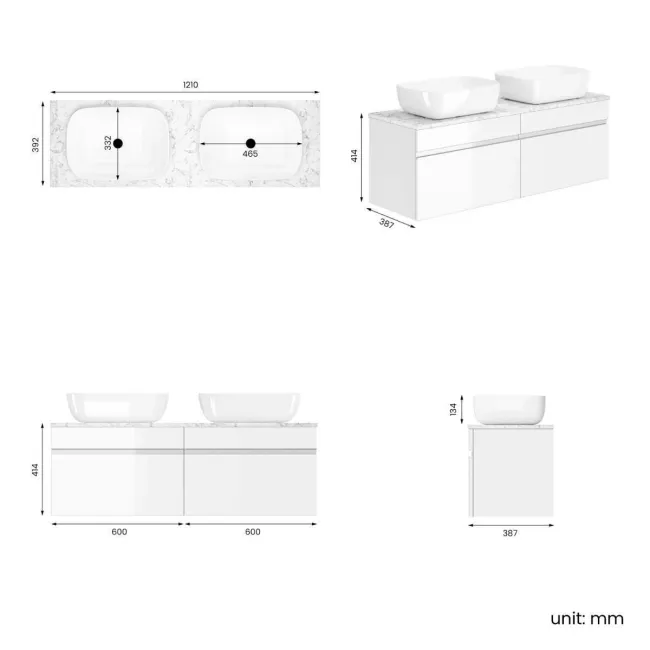 Trent Gloss White Double Wall Hung Drawer Vanity with Marble Top & Curved Counter Top Basin 1200mm