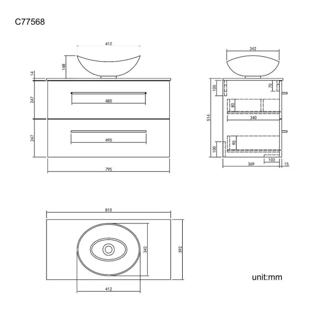Elba Graphite Grey Wall Hung Drawer Vanity with Marble Top & Oval Counter Top Basin 800mm - Black Accents