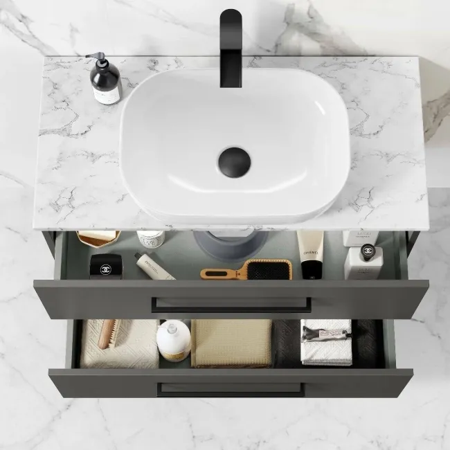 Elba Graphite Grey Wall Hung Drawer Vanity with Marble Top & Curved Counter Top Basin 800mm - Black Accents