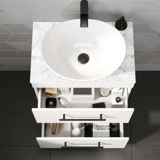 Avon Gloss White Vanity Drawer with Marble Top & Oval Counter Top Basin 600mm - Black Accents