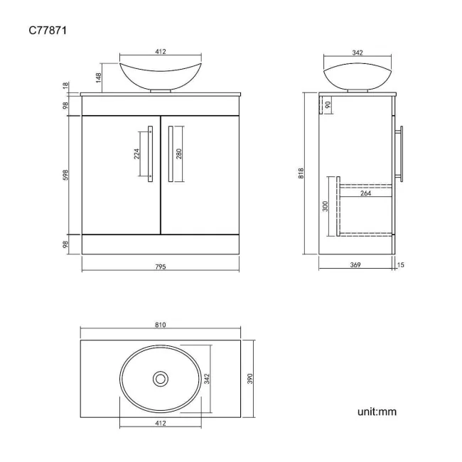 Avon Gloss White Vanity with Curved Counter Top Basin 800mm - Black Accents