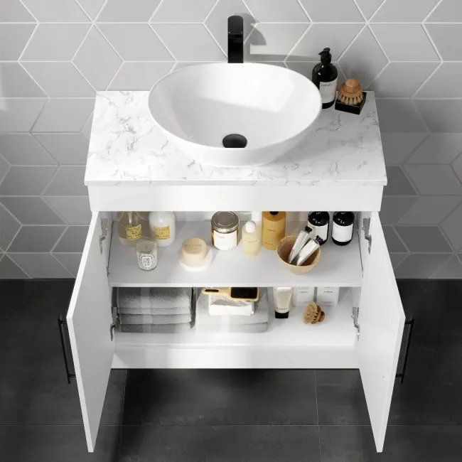 Avon Gloss White Vanity with Marble Top & Oval Counter Top Basin 800mm - Black Accents