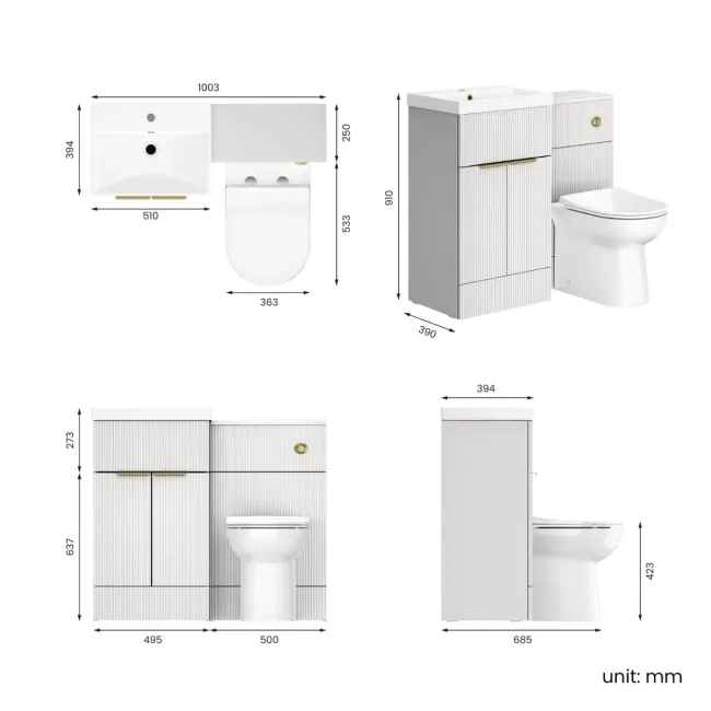 Havana Fluted Coastal White Combination Vanity Basin and Aruba Toilet 1000mm - Brushed Brass Accents