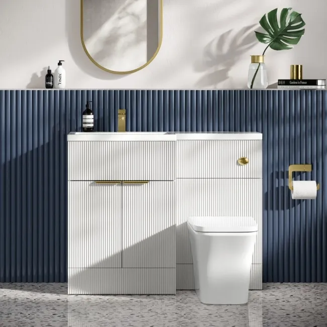 Havana Fluted Coastal White Combination Vanity Basin and Houston Toilet 1100mm - Brushed Brass Accents - Left Handed