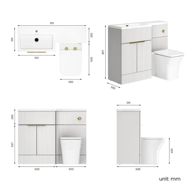 Havana Fluted Coastal White Combination Vanity Basin and Houston Toilet 1100mm - Brushed Brass Accents - Left Handed