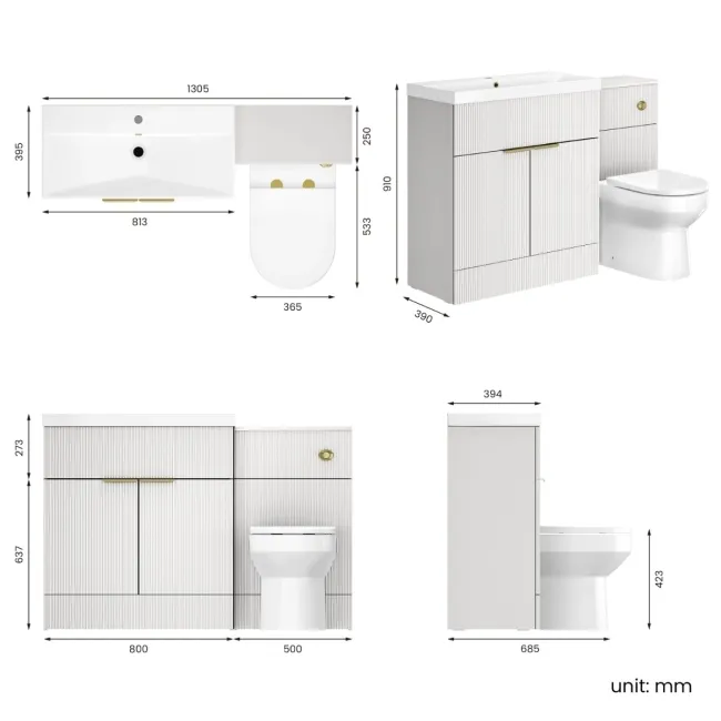 Havana Fluted Coastal White Combination Vanity Basin and Miami Toilet 1300mm - Brushed Brass Accents