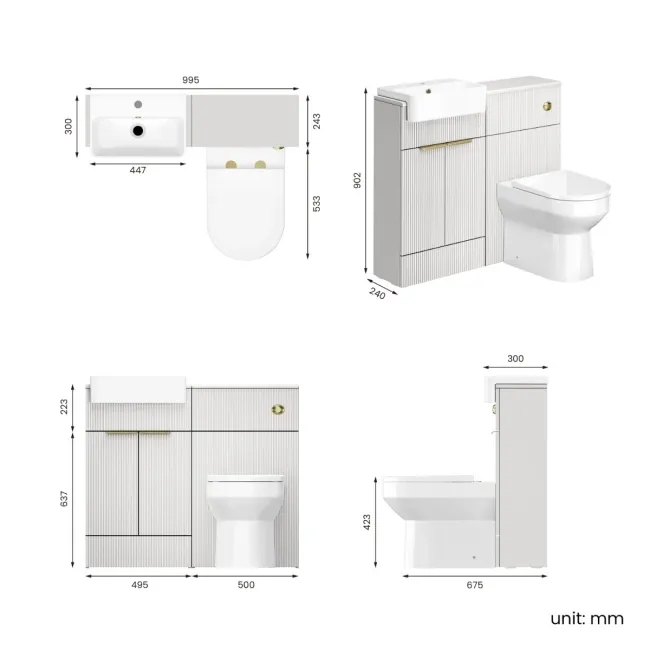 Sicily Fluted Coastal White Combination Vanity Basin and Miami Toilet 1000mm - Brushed Brass Accents