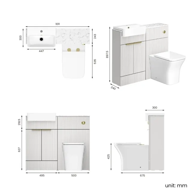 Sicily Fluted Coastal White Combination Vanity Basin with Marble Top & Houston Toilet 1000mm - Brushed Brass Accents