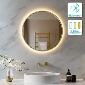 Delilah Brushed Brass Round Backlit LED Mirror With BLUETOOTH Speaker 600mm