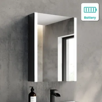 Selma Battery Operated Matt Black Illuminated LED Mirror Cabinet 600x450mm