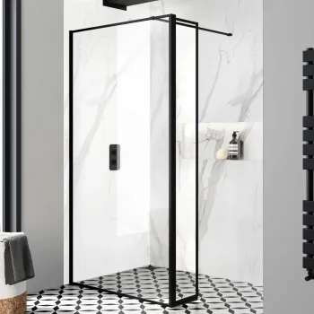 Munich Matt Black Framed 8mm Wet Room Shower Glass 900mm & 250mm Pivotal Return Panel