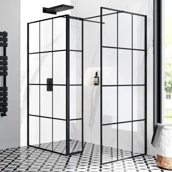 Munich Matt Black Grid 8mm Walk In Shower Enclosure 1100mm & 900mm Glass with Pivotal Return Panel
