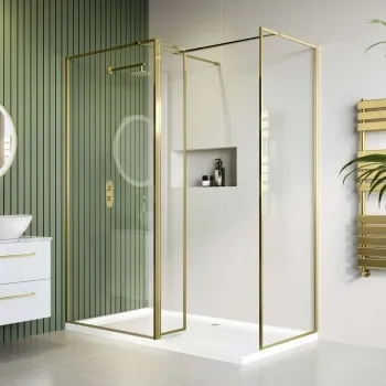Munich Brushed Brass Framed 8mm Walk In Shower Enclosure 900mm & 800mm Glass with Return Panel