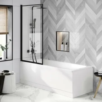 Hereford 1700x700 Square Shower Bath & 6mm Easy Clean Matt Black Framed Bath Screen