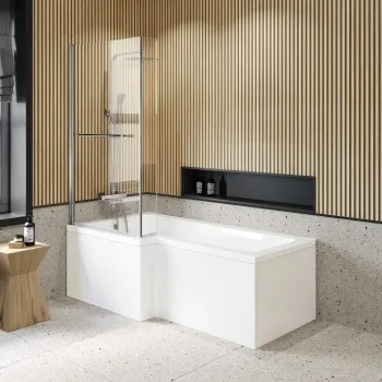 L Shaped 1700 Shower Bath with Front Panel & 6mm Easy Clean Screen with Rail - Left Handed