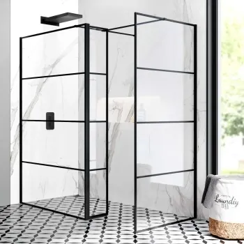 Munich Matt Black Grid 8mm Walk In Shower Enclosure 1200mm & 800mm Glass with Pivotal Return Panel
