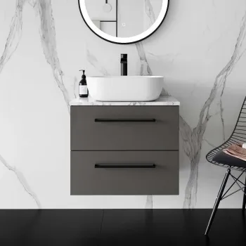 Elba Graphite Grey Wall Hung Drawer Vanity with Marble Top & Curved Counter Top Basin 600mm - Black Accents