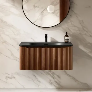 Sorrento Fluted Black Walnut Wall Hung Drawer Vanity with Black Basin 800mm