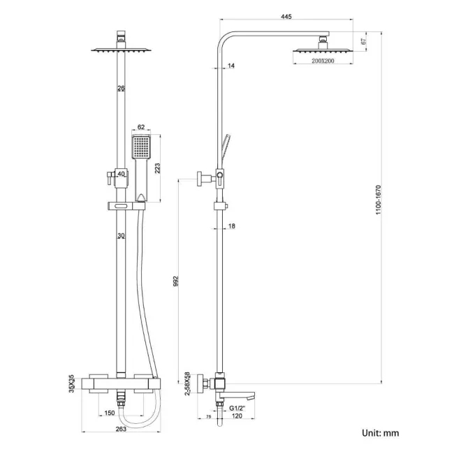 Galway Square Brushed Brass Thermostatic Bath Filler Shower Set