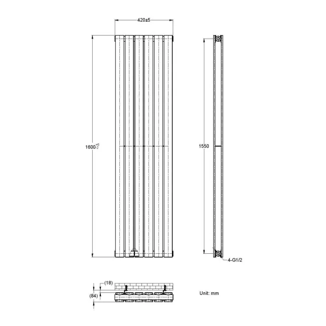 Faro Anthracite Double Flat Panel Vertical Radiator 1600x420mm