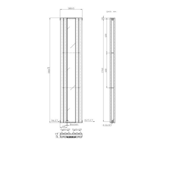 Marseille White Double Vertical Mirror Radiator 1800x380mm