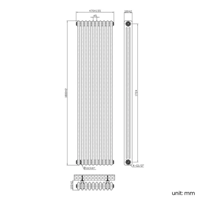 Athens Antique Gold Triple Column Vertical Traditional Radiator 1800x470mm