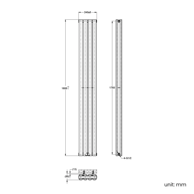 Marbella Matt Black Double Oval Panel Radiator 1800x240mm