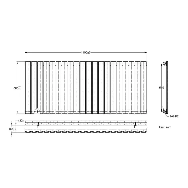 Faro White Single Flat Panel Horizontal Radiator 600x1400mm