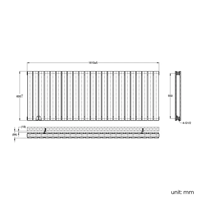 Faro Matt Black Double Flat Panel Horizontal Radiator 600x1610mm