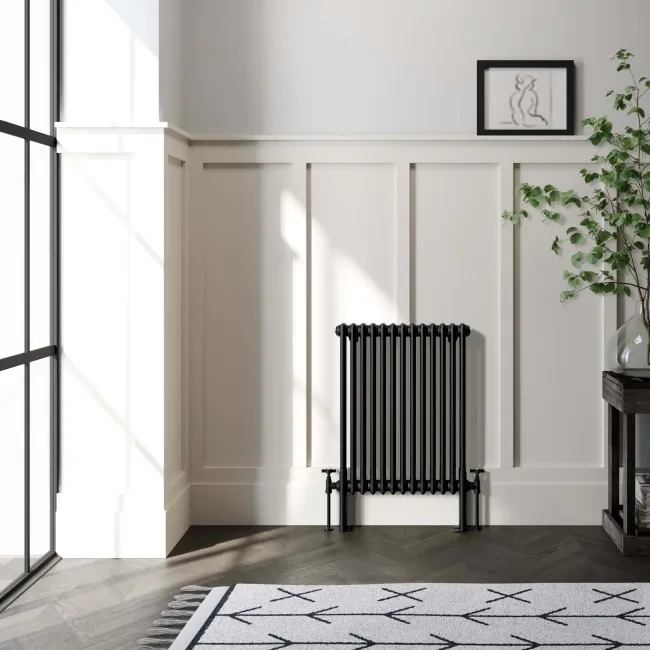 Athens Matt Black Double Column Horizontal Traditional Radiator 750x605mm