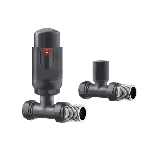 Anthracite Thermostatic Straight Radiator Valve (Pair) Standard 15mm