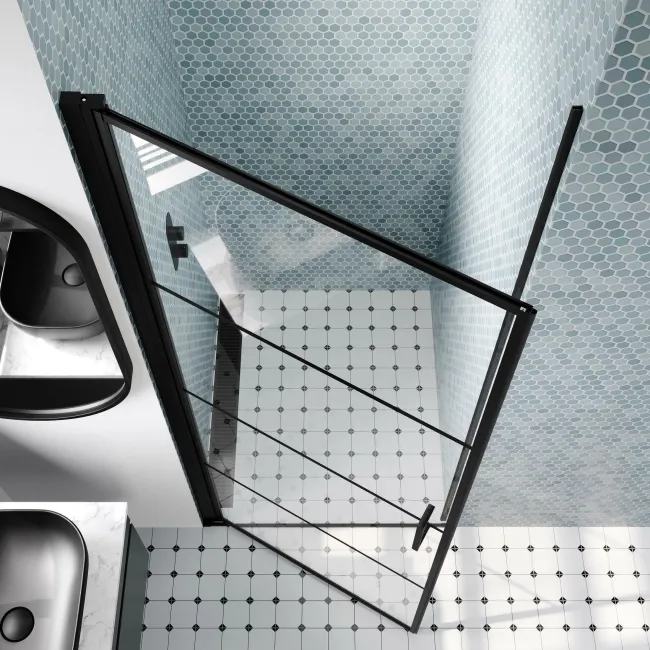 Toulon Matt Black Grid Easy Clean 6mm Pivot Shower Door 800mm