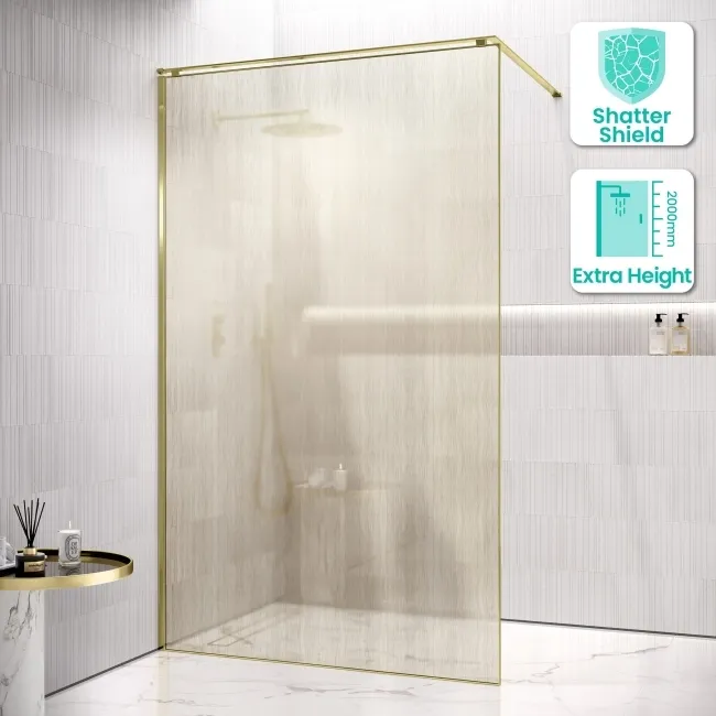 Lyon Brushed Brass 8mm Laminated Wet Room Shower Glass Panel with Gold Mesh Inlay 1200mm