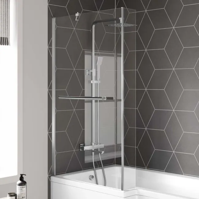 4mm L Shaped Fixed Bath Screen with Towel Rail